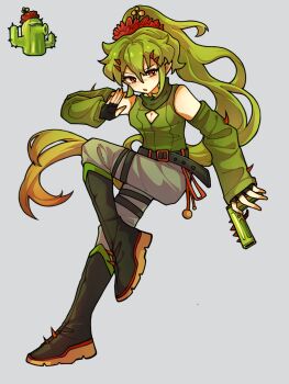 Rule 34 | 1girl, :o, arm at side, artistic error, bare shoulders, belt, black belt, black boots, black gloves, boots, breasts, brown hair, cactus (plants vs. zombies), chinese commentary, cleavage, cleavage cutout, clothing cutout, commentary request, detached sleeves, double-parted bangs, fingerless gloves, flower, full body, gloves, gradient hair, green hair, green sleeves, green sweater, grey background, grey pants, gun, hair between eyes, hair flower, hair ornament, hand up, handgun, high ponytail, highres, holding, holding gun, holding weapon, ive0iv7307, knee boots, long hair, multicolored hair, official art inset, open mouth, pants, personification, plants vs. zombies, pointy ears, ponytail, red eyes, red flower, reference inset, ribbed sweater, simple background, sleeveless, sleeveless sweater, sleeveless turtleneck, sleeves past wrists, small breasts, solo, spiked boots, standing, standing on one leg, sweater, tsurime, turtleneck, turtleneck sweater, two-tone hair, v-shaped eyebrows, very long hair, weapon