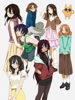Rule 34 | 6+girls, aged up, alternate costume, alternate hairstyle, azumanga daiou, blue jacket, brown jacket, dark-skinned female, dark skin, dress, glasses, green shirt, highres, jacket, kasuga ayumu, kyuunn, leaning forward, mihama chiyo, mihama chiyo's father, mizuhara koyomi, multiple girls, pink dress, purple hair, shirt, takino tomo, white shirt, yellow dress