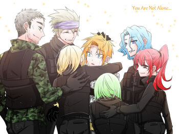 2girls 5boys akashi_(pixiv_user_1342337) amelia_(higyaku_no_noel) baldo_(higyaku_no_noel) blonde_hair blue_eyes bulletproof_vest camouflage camouflage_jacket freckles fur-trimmed_jacket fur_trim gasperi_(higyaku_no_noel) green_hair headband higyaku_no_noel jacket luca_(higyaku_no_noel) military_uniform multiple_boys multiple_girls nero_(higyaku_no_noel) nola_(higyaku_no_noel) ponytail red_hair ribelio_strada scar scar_on_face scar_on_forehead short_hair spiked_hair tactical_clothes