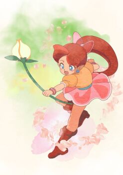 1girl blue_eyes boots bracelet brown_boots brown_hair commentary earrings falling_petals flower flower_wand full_body highres holding holding_wand jewelry lip_(panel_de_pon) long_hair open_mouth panel_de_pon petals pink_flower pink_petals pink_skirt pointy_ears ponytail puffy_short_sleeves puffy_sleeves shimadai587779 shirt short_sleeves skirt solo turning_head wand yellow_shirt