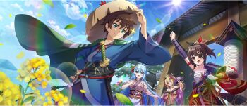 1boy 3girls :d apron aqua_(konosuba) architecture arm_garter arm_up armor armpit_crease bare_shoulders black_sash blonde_hair blue_eyes blue_hair blue_kimono blue_sky breasts brown_hair cape chest_sarashi cleavage clenched_hand closed_mouth cloud cloudy_sky collarbone darkness_(konosuba) day east_asian_architecture edo_jidai eyepatch falling_leaves falling_petals floral_print floral_print_kimono flower from_below game_cg green_cape green_eyes hadanugi_dousa hair_between_eyes hair_ornament hair_rings hair_stick hair_up hand_fan hand_on_headwear hand_on_own_hip highres holding holding_fan japanese_armor japanese_clothes kanzashi katana kimono kono_subarashii_sekai_ni_shukufuku_wo! konosuba!_fantastic_days kote kurokote large_breasts leaf light_blush long_hair looking_at_another megumin multicolored_kimono multiple_girls obi obidome obijime official_alternate_costume official_alternate_hairstyle official_art open_kimono open_mouth outdoors petals pink_kimono ponytail print_kimono purple_kimono red_eyes red_kimono rope_belt sandogasa sarashi sash satou_kazuma shade sheath sheathed short_hair short_hair_with_long_locks short_kimono shoulder_armor sidelocks single_bare_shoulder single_hair_ring single_sode sky sleeves_pushed_up small_breasts smile sode sparkle sun sunlight sword tasuki very_long_hair waist_apron weapon white_apron wide_sleeves wind yellow_flower
