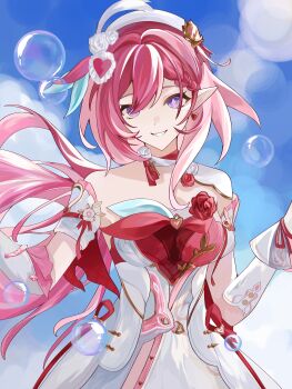 1girl absurdres blue_sky breasts bubble diamond-shaped_pupils diamond_(shape) dress earrings elf elysia_(hi_love_elf)_(honkai_impact) elysia_(honkai_impact) heart heart_earrings highres honkai_(series) honkai_impact_3rd jewelry large_breasts long_hair looking_at_viewer multicolored_hair pink_hair pointy_ears purple_eyes qianzao_a_nong_yi_dongbudong red_dress sky solo symbol-shaped_pupils two-tone_dress two-tone_hair very_long_hair white_dress white_hair