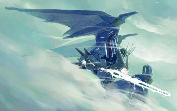 dragon_wings electricity god_raijin-oo kneeling mecha no_humans robot solo sword weapon wings yamaimo_toro2 yamaimo_torotoro zettai_muteki_raijin-oo