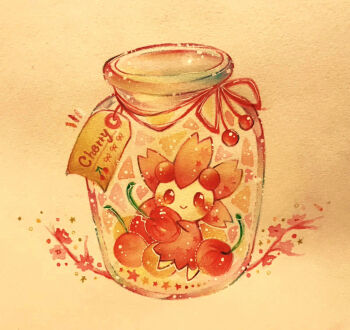 blush cherrim cherrim_(sunshine) cherry closed_mouth commentary_request food fruit full_body gen_4_pokemon in_container in_jar jar name_connection nintendo no_humans object_namesake painting_(medium) pokemon pokemon_(creature) simple_background solo traditional_media watercolor_(medium) yukichi_0611