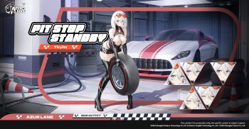 1girl azur_lane black_gloves black_skirt black_thighhighs blue_eyes breasts car cleavage elbow_gloves eyewear_on_head gloves hair_between_eyes high_heels highres holding_tire large_breasts leaning_forward motor_vehicle multiple_expressions official_alternate_costume official_art orange-tinted_eyewear race_queen short_hair skirt sports_car sunglasses thighhighs tinted_eyewear tirpitz_(azur_lane) tirpitz_(pit_stop_standby)_(azur_lane) traffic_cone unused_tire white_hair