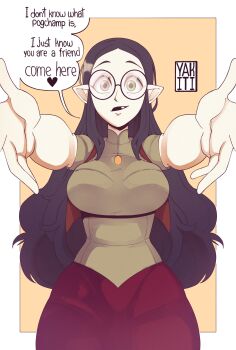 absurdres aqua_eyes black_lips blue_hair breasts closed_mouth curvy glasses green_shirt grey_eyes heart heterochromia highres imminent_hug large_breasts lilith_clawthorne lips long_hair mature_female meme my_little_pogchamp_(meme) open_arms outstretched_arms pale_skin parody pointy_ears pov red_skirt shirt short_sleeves skirt smile speech_bubble spread_arms talking the_owl_house tight_clothes tight_shirt wide_hips witch yakiti