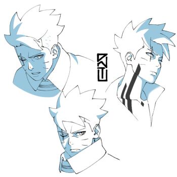 1boy body_markings boruto:_two_blue_vortex dnt_agun expressionless facial_mark monochrome multiple_expressions multiple_views naruto_(series) official_style open_mouth scar scar_across_eye scar_on_face serious short_hair simple_background spiked_hair uzumaki_boruto whisker_markings white_background