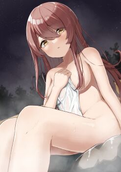 1girl absurdres breasts brown_hair commentary_request covering_privates eyes_visible_through_hair feet_out_of_frame hair_between_eyes hair_censor hair_over_breasts highres holding holding_towel idolmaster idolmaster_shiny_colors long_hair looking_at_viewer medium_breasts night nude_cover onsen osaki_tenka outdoors parted_lips sitting sky solo star_(sky) starry_sky steam towel wanitaroo._(waniwani_panic) yellow_eyes