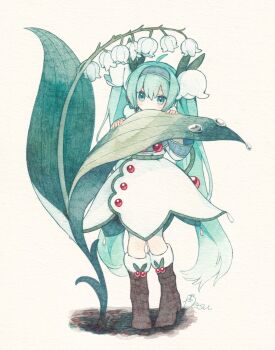 1girl ahoge artist_name blue_eyes blue_hair blue_hairband blush boots brown_boots commentary_request covering_own_mouth double-parted_bangs dress flower full_body fur-trimmed_boots fur_trim green_ribbon hair_between_eyes hair_flower hair_ornament hair_ribbon hairband hamudetsu hands_up hatching_(texture) hatsune_miku head_tilt highres holding holding_leaf knee_boots leaf lily_of_the_valley linear_hatching long_hair looking_at_viewer mini_person minigirl no_nose paper_texture ribbon rowan signature simple_background solo standing straight-on twintails very_long_hair vocaloid water_drop white_background white_dress white_flower yuki_miku yuki_miku_(2015)