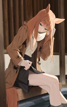 1girl alternate_costume animal_ears black_skirt blue_eyes blunt_bangs breasts brown_coat coat foot_bath green_eyes highres hood hood_down hooded_coat horse_ears horse_girl horse_tail jacket long_hair long_sleeves ningen_gokko onsen open_clothes open_coat open_mouth orange_hair orange_tail parted_lips scarf silence_suzuka_(umamusume) sitting skirt solo sweater tail umamusume water white_scarf white_sweater