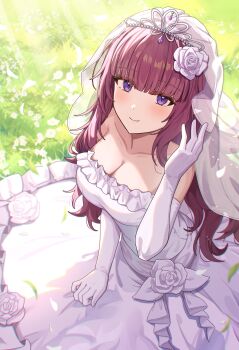 1girl absurdres bare_shoulders breasts bridal_veil bride cleavage closed_mouth commentary_request dress elbow_gloves elf eta_(kagejitsu) flower gloves hair_flower hair_ornament highres kage_no_jitsuryokusha_ni_naritakute! large_breasts looking_at_viewer matsumoto_yuu pointy_ears purple_eyes purple_hair smile solo veil wedding_dress white_dress white_gloves