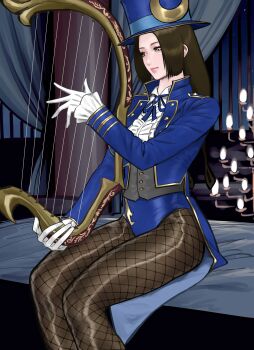 1girl brown_eyes brown_hair cai_wenji fishnet_pantyhose fishnets harp hat highres instrument koukou_panchi long_hair pantyhose shin_sangoku_musou sitting top_hat