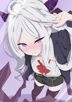 1girl ahoge blue_archive breasts commentary demon_girl demon_horns demon_wings highres hina_(blue_archive) horns long_hair looking_at_viewer purple_eyes school_uniform small_breasts solo standing uirou_(uirou2024) very_long_hair white_hair wings