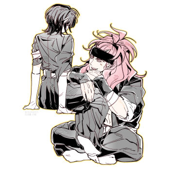 Rule 34 | 1boy, 1girl, 7hrhk77, abarai renji, bandaged arm, bandages, black hair, black hakama, black headband, bleach, commentary request, couple, elbow gloves, gloves, hakama, half updo, headband, hetero, highres, indian style, japanese clothes, korean commentary, kuchiki rukia, light blush, long hair, looking at another, medium hair, open mouth, red hair, shihakusho, sitting, smile, socks, white gloves, white socks