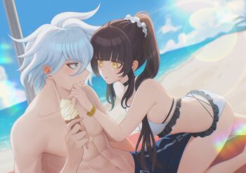 1boy 1girl abs absurdres beach beach_towel bikini black_choker blue_eyes blue_shorts blue_sky bracelet brown_hair choker cloud collarbone commentary english_commentary gold_bracelet highres hira_icigocha holding holding_ice_cream_cone ice_cream_cone jewelry kamiya_shun lens_flare long_hair looking_at_another male_swimwear mountainous_horizon navel oc_x_canon ocean outdoors parted_lips ponytail shore short_hair shorts sky swim_trunks swimsuit towel tribe_nine white_bikini white_hair yellow_eyes
