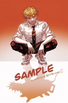 2022 black_necktie black_pants blonde_hair chainsaw_man chaoxibumian collared_shirt commission denji_(chainsaw_man) full_body hair_between_eyes highres male_focus necktie open_mouth orange_background pants pochita_(chainsaw_man) sample_watermark sharp_teeth shirt shoes short_hair sleeves_rolled_up smile sneakers squatting teeth tongue tongue_out watermark white_shirt white_shoes yellow_eyes