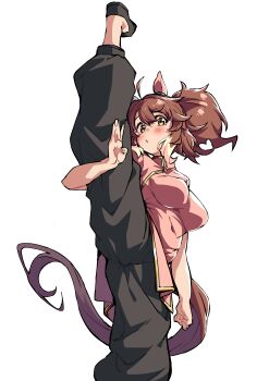 1girl absurdres alternate_costume animal_ears black_pants breasts brown_hair china_dress chinese_clothes dantsu_flame_(umamusume) dress highres horse_ears horse_girl horse_tail large_breasts looking_at_viewer pants pink_dress solo split standing standing_on_one_leg standing_split tail umamusume yuki_usagi_(agtd5758)