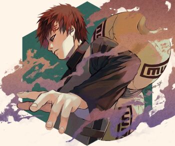 1boy black_shirt blue_eyes closed_mouth cropped_torso gaara_(naruto) gourd grey_vest male_focus naruto_(series) no_eyebrows red_hair sand scar scar_on_face scar_on_forehead shirt short_hair solo twitter_username unno_24 upper_body vest white_background
