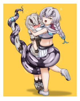 2girls adansosutega blue_hair blush boa_constrictor_(kemono_friends) border braid breast_press breast_smother breasts brown_hair closed_eyes cropped_shirt face_to_breasts fingerless_gloves foot_up full_body gloves grey_hair hanging heart height_difference highres hood hood_down hooded_jacket hooded_vest hoodie hug intertwined_tails jacket kemono_friends kemono_friends_3 large_breasts lifting_person long_hair long_tail midriff mole mole_under_eye multicolored_hair multiple_girls necktie nose_blush open_clothes open_mouth open_vest shoes short_sleeves simple_background single_braid smile snake_tail standing standing_on_one_leg tail tail_wrap titanoboa_(kemono_friends) trembling utility_vest vest white_border yellow_background