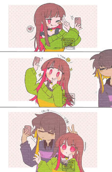 1boy 1girl black_choker black_eyes blonde_hair blush_stickers brown_hair cellphone chara_(undertale) choker closed_eyes collared_sweater commentary_request emoji frisk_(undertale) genderswap genderswap_(otf) genderswap_(otm) green_sweater heart highres long_hair mr0x0 off-shoulder_sweater off_shoulder phone pink_background pleading_face_emoji polka_dot polka_dot_background purple_sweater red_eyes red_hair selfie shirt_under_sweater short_hair simple_background smartphone snatch sparkle spoken_heart striped_clothes striped_sweater sweater tearing_up tongue tongue_out too_many_watermarks two-tone_sweater u_u undertale unusually_open_eyes utdr_(toby_fox) v watermark watermark_grid white_background