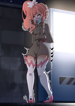 1girl ahoge amatsuki_meguru arms_behind_back backlighting bdsm blue_eyes blue_gemstone blush bondage bondage_under_clothes bound bound_arms bound_wrists breasts brown_coat buttons buuta_(densya101) coat collar controller covered_mouth exhibitionism female_focus full_body gag_under_mask gem hair_ornament heart hidden_bondage highres japanese_text long_hair long_sleeves mask medical_mask mouth_mask night no_pants nose_blush outdoors pigeon-toed pink_shoes public_indecency pussy_juice remote_control remote_control_vibrator rope see-through_clothes sex_toy shibari shibari_under_clothes shoes side_ponytail sidelocks small_breasts solo standing stealth stealth_bondage stealth_sex surgical_mask thighhighs thighs translation_request trembling twin_angel twin_angel_break vending_machine vibrator vibrator_under_clothes white_thighhighs x-ray