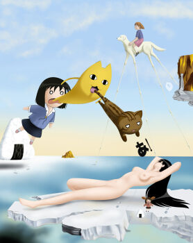 Rule 34 | 4girls, artistic nudity, azumanga daiou, black eyes, black hair, bob cut, breasts, cat, mihama chiyo's father, dog, dream caused by the flight of a bee around a pomegranate a second before awakening, fine art parody, food, full body, iriomote cat, kaori (azumanga daioh), kasuga ayumu, long hair, maya (azumanga), mayaa (azumanga daioh), mihama chiyo, mihama chiyo's father, multiple girls, navel, nipples, nude, onigiri, open mouth, parody, sakaki (azumanga daioh), salvador dali, small breasts, surreal, tadakichi-san, toes, what, yamamaya