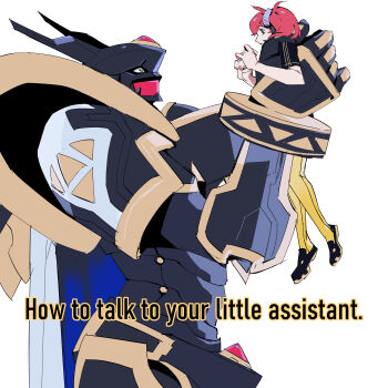 1girl absurdres aiba_ami alphamon armor black_armor black_helmet black_shirt black_skirt blue_eyes dawu233 digimon digimon_(creature) digimon_story:_cyber_sleuth forehead_jewel full_body giant_hand goggles goggles_on_head helmet highres implied_yuri knight kuremi_kyouko red_hair shirt side_ponytail simple_background skirt thighhighs two-tone_shirt white_background yellow_eyes yellow_shirt yellow_thighhighs