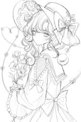 Rule 34 | 1girl, blush, bow, closed mouth, commentary request, flower, greyscale, hat, hat bow, heart, heart of string, highres, holding, holding flower, hourai kiriri, koishi day, komeiji koishi, looking at viewer, medium hair, monochrome, simple background, solo, third eye, touhou, unfinished