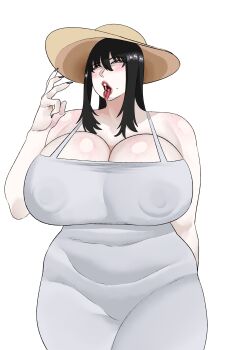 1girl 2025 2channel absurdres arm_at_side arm_up black_dress black_hair black_nails blush breasts cleavage collarbone commentary covered_erect_nipples dress english_commentary eyebrows_hidden_by_hair female_focus hair_between_eyes half-closed_eyes hasshaku-sama hat highres huge_breasts japanese_urban_legends large_areolae long_hair mole mole_on_cheek naughty_face neko_plus no_bra nose_blush open_mouth pale_skin red_eyes red_lips saliva saliva_trail shiny_skin simple_background solo spaghetti_strap straight_hair sun_hat tall_female teeth toned toned_female tongue tongue_out unfinished upper_teeth_only very_long_hair white_background white_dress