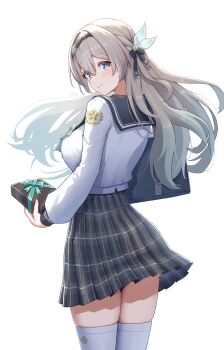 Rule 34 | 1girl, absurdres, bag, black ribbon, blue pupils, box, breasts, closed mouth, firefly (honkai: star rail), firefly (spring missive) (honkai: star rail), grey hair, hair ribbon, highres, holding, holding box, honkai: star rail, honkai (series), long hair, long sleeves, looking back, plaid clothes, plaid skirt, purple eyes, ribbon, school bag, shirt, skirt, solo, taro (peach taro51), thighhighs, white shirt, white thighhighs