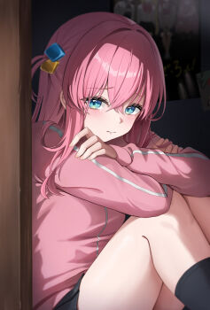 1girl absurdres arms_on_knees black_skirt black_socks blue_eyes blush bocchi_the_rock! breasts closed_mouth commentary crossed_arms cube_hair_ornament gotoh_hitori hair_ornament hiding highres hini_ni indoors jacket knees_up looking_at_viewer medium_breasts one_side_up pink_hair pink_jacket sitting skirt socks solo track_jacket