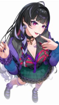 1girl absurdres ahoge black_choker black_hair black_shirt braid breasts chest_harness choker cleavage collared_shirt commentary finger_to_mouth fingernails full_body green_skirt hands_up harness highres large_breasts long_hair looking_at_viewer meloco_kyoran meloco_kyoran_(1st_costume) multicolored_hair nail_polish necktie nijisanji nijisanji_en open_mouth purple_eyes purple_nails purple_necktie purple_streaks ringo_21_a shirt simple_background skirt smile solo streaked_hair symbol-only_commentary virtual_youtuber white_background