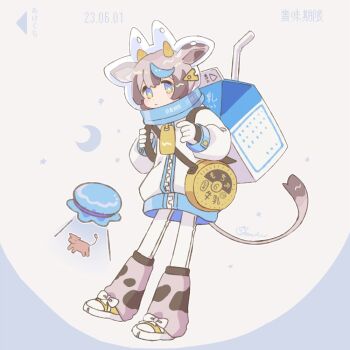 1girl animal_ears animal_print backpack bag blue_eyes blue_hair bow brown_hair cow cow_ears cow_girl cow_horns cow_print cow_tail crossbody_bag dated drink_carton drinking_straw food-themed_bag footwear_bow full_body gloves helmet hood hoodie horns leg_warmers long_sleeves milk_carton mochimura_sorata multicolored_hair original pants shoes sneakers solo space_helmet streaked_hair tail translation_request ufo zipper