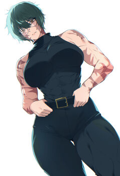 1girl bare_shoulders belt black_belt black_pants breasts brown_eyes closed_mouth commentary glasses green_hair highres jujutsu_kaisen large_breasts looking_at_viewer multiple_scars muscular muscular_female pants scar scar_on_arm scar_on_face simple_background solo spoiledmuffin white_background zen'in_maki