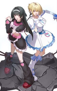 2girls absurdres astra_yao black_hair black_leg_warmers black_skirt blonde_hair bow chest_bow commentary cosplay cure_black cure_black_(cosplay) cure_white cure_white_(cosplay) detached_sleeves dress earrings evelyn_chevalier frilled_dress frilled_skirt frills full_body futari_wa_precure hair_intakes hairband heart heart_belt_buckle heart_earrings highres jewelry leg_warmers looking_at_viewer midriff mole mole_under_eye multiple_girls navel open_mouth precure purple_eyes red_eyes sidelocks simple_background skirt standing white_background white_bow white_dress white_hairband white_leg_warmers yoruta_(yossy_puyo_holo) zenless_zone_zero