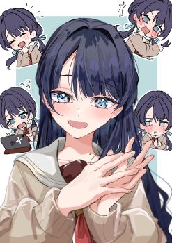 1girl :d @_@ ^^^ ^_^ absurdres aqua_background blue_eyes blue_hair blue_ribbon blush border brand_name_imitation brown_cardigan brown_dress cardigan closed_eyes commentary_request dress embarrassed flying_sweatdrops hair_ribbon half_updo hasu_no_sora_school_uniform highres ipad jin_(oihlf) link!_like!_love_live! long_hair long_sleeves looking_at_viewer love_live! mole mole_on_neck multiple_views murano_sayaka neckerchief nervous_sweating notice_lines open_cardigan open_clothes open_mouth outside_border own_hands_together red_neckerchief ribbon sailor_collar sailor_dress school_uniform simple_background smile sweat tablet_pc virtual_youtuber white_border white_sailor_collar winter_uniform