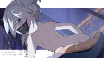 1girl absurdres ame_akira ass blue_eyes blue_jacket butt_crack colored_eyelashes commentary deux_murasame english_text expressionless flat_chest grey_hair gundam gundam_gquuuuuux hair_bun highres jacket long_hair looking_at_viewer mask masked mixed-language_text mouth_mask petite scene_reference sidelocks solo watermark white_hair