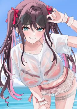 1girl absurdres akue bikini blue_eyes bow braid breasts brown_hair colored_inner_hair day eyewear_on_head grin hair_between_eyes hair_bow hand_on_own_thigh highres kaga_nazuna lace_bikini lace_thigh_strap large_breasts leaning_forward long_hair looking_at_viewer mole mole_under_eye multicolored_hair navel ocean outdoors pink_bikini pink_hair pink_nails red_bow ringlets round_eyewear see-through_clothes see-through_shirt shirt short_sleeves smile solo sunglasses swimsuit t-shirt thigh_strap twin_braids twintails two-tone_hair very_long_hair virtual_youtuber vspo! wet wet_clothes wet_shirt white_shirt wristband