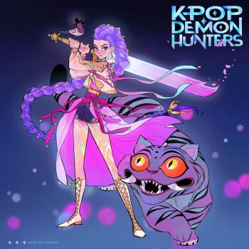 1girl artist_name black_hair black_shorts body_markings boots braid commentary copyright_name cropped_jacket derpy_(kpop_demon_hunters) earrings english_commentary extra_eyes facial_mark fangs full_body gold_trim highres holding holding_sword holding_weapon jacket jewelry kiddo_hah knee_boots kpop_demon_hunters light_smile long_hair looking_at_another purple_hair red_eyes rumi_(kpop_demon_hunters) sash shorts single_braid slit_pupils standing sussie_(kpop_demon_hunters) sword tiger very_long_hair waist_sash weapon white_boots white_jacket