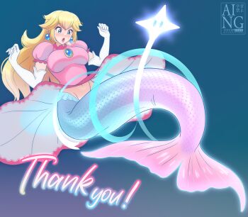 1girl absurdres blonde_hair blue_background blue_eyes blue_scales blush breasts commentary commission dress earrings elbow_gloves english_text fins frilled_dress frills gloves gown gradient_tail groin highres jewelry juliet_sleeves kiria021 large_breasts light_trail long_hair long_sleeves looking_down mario_(series) merfolk mermaid mermaid_peach monster_girl monsterification navel nintendo open_mouth pearl_earrings pink_dress pink_lips pink_scales pixiv_commission princess_peach princess_peach:_showtime! puffy_sleeves sidelocks simple_background solo sphere_earrings star_(symbol) steam sweatdrop thank_you transformation untranslatable_commentary watermark white_gloves