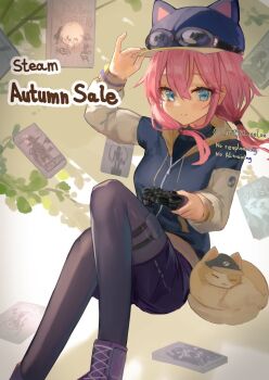 1girl adjusting_clothes animal animal_ear_headwear animal_ears animal_hat arm_up black_pantyhose black_shirt black_shorts blue_eyes blue_hoodie blue_jacket blue_shorts blush boots cat cat_hat closed_mouth controller english_text fake_animal_ears feet_out_of_frame game_controller goggles goggles_on_head goggles_on_headwear hair_between_eyes hand_on_headwear hat holding hood hooded_jacket hoodie jacket knees_up long_hair long_sleeves looking_at_viewer low_twintails pantyhose pantyhose_under_shorts pink_hair shirt short_shorts shorts sitting smile solo steam_(platform) steam_delivery_girl thigh_strap twintails wanted_poster yuri2720