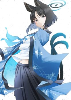 1girl absurdres animal_ears beatrix_vivi black_eyes black_hair black_sailor_collar black_skirt blue_archive blue_kimono breasts cat_ears cat_tail choker eyeliner halo highres japanese_clothes kikyou_(blue_archive) kimono long_skirt long_sleeves looking_at_viewer makeup medium_breasts multiple_tails neckerchief parted_bangs pleated_skirt sailor_collar shirt short_hair skirt solo tail two_tails white_shirt wide_sleeves