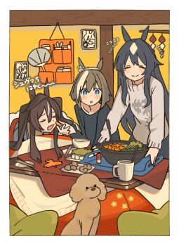3girls absurdres animal_ears ashinowoto black_shirt blanket blue_eyes blue_hair blush brown_hair carrot cheval_grand_(umamusume) closed_eyes closed_mouth commentary_request cooking_pot cup dog food hair_between_eyes highres horse_ears horse_girl indoors kotatsu long_hair long_sleeves mole mole_under_eye multicolored_hair multiple_girls open_mouth pants parted_lips shirt smile streaked_hair sweater table twintails umamusume under_covers v_sisters verxina_(umamusume) vivlos_(umamusume) white_hair white_sweater