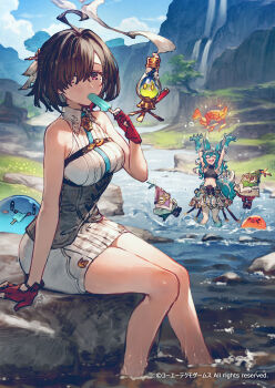 2girls ahoge aqua_hair arm_support arms_up atelier_(series) atelier_yumia benitama black_hair blue_sky closed_eyes commentary_request copyright_notice corset day dress eating flammi_(atelier) food food_in_mouth gloves grey_corset highres holding holding_food holding_popsicle lenja long_hair looking_at_viewer multiple_girls on_rock open_mouth outdoors popsicle popsicle_in_mouth puni_(atelier) red_eyes red_gloves short_dress sitting sky smile soaking_feet solo_focus very_long_hair wading water waterfall white_dress yumia_liessfeldt