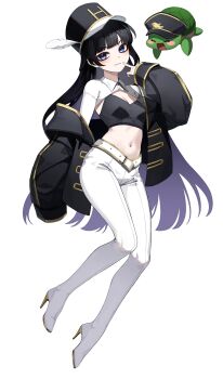 Rule 34 | 1girl, absurdres, baegsaeg waesyong, belt, belt buckle, black hair, black hat, black jacket, black shirt, blue eyes, breasts, buckle, cleavage, closed mouth, collared shrug, commentary request, crop top, cropped shirt, full body, hand up, hat, high heels, highres, indie virtual youtuber, jacket, kepi, korean commentary, looking at viewer, mang nae (vtuber), midriff, military hat, navel, open clothes, open jacket, pants, shirt, shoes, shrug (clothing), simple background, single off shoulder, small breasts, solo, turtle, virtual youtuber, white background, white belt, white pants, white shoes, white shrug, wing collar