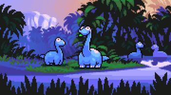 animated animated_gif apatosaurus atmospheric_perspective battle blinking bouncing bulging_eyes bullying charging_forward cliff collapsing commentary dinosaur dribbling_(basketball) dust dust_cloud eating english_commentary foliage forest gradient_sky grass jon_davies kicking lake mouth_hold nature no_humans orange_sky original panicking partially_submerged pixel_art prehistoric prehistoric_animal purple_sky reflection reflective_liquid roaring sauropod scared shadow sharp_teeth sky spinning teeth teeth_hold throwing tree tyrannosaurus_rex violence walking water