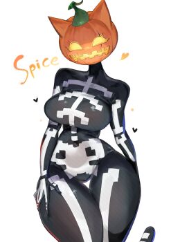 1girl animal_ears black_bodysuit bodystocking bodysuit breasts cat_ears cat_girl cat_tail collared_bodysuit commentary fortnite furry furry_female glowing glowing_eyes glowing_mouth halloween heart highres jack-o'-lantern jack-o'-lantern_head large_breasts looking_at_viewer pumpkin pumpkin_head pumpkin_on_head simple_background skeleton_costume skeleton_print smile solo spice_(fortnite) standing tail thick_thighs thighs togetoge white_background