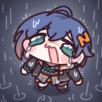 1girl belle_(zenless_zone_zero) black_shirt blue_hair blush_stickers crying crying_with_eyes_open full_body green_eyes hair_between_eyes hair_ornament letter_hair_ornament long_sleeves looking_at_viewer lowres m1ch open_mouth rain shirt short_hair solo standing tears zenless_zone_zero