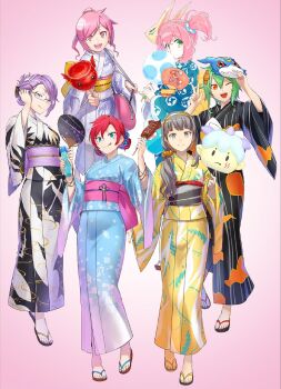 5girls aegiomon alternate_costume alternate_hairstyle artist_name bag bandai birdramon black_kimono blue_eyes blue_kimono blush_stickers bottle breasts card_(medium) character_mask character_name copyright_name cotton_candy digimon digimon_card_game digimon_story:_time_stranger digimon_world_re:digitize double_bun fireworks food garudamon glasses green_hair grey_eyes grey_hair group_picture hair_bun hand_fan happy high_ponytail holding holding_bag holding_bottle holding_cotton_candy holding_fan holding_food holding_mask hououmon ikayaki japanese_clothes jyarimon kimono long_hair mask mikagura_mirei misono_inori multiple_girls nakano_haito official_art one_eye_closed open_mouth orange_eyes pink_background pink_eyes pink_hair piyomon ponytail purple_eyes purple_hair purple_kimono red_hair rindou_akiho shinomiya_rina shiramine_nokia short_hair side_ponytail simple_background smile tongue tongue_out two-tone_kimono v v-mon w white_kimono wide_hips yellow_kimono yukata