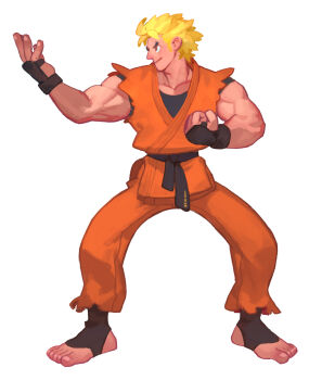 1boy blonde_hair commentary english_commentary fingerless_gloves fl_(l-fl) gloves highres male_focus martial_arts_belt ryou_sakazaki ryuuko_no_ken short_hair simple_background solo toes white_background